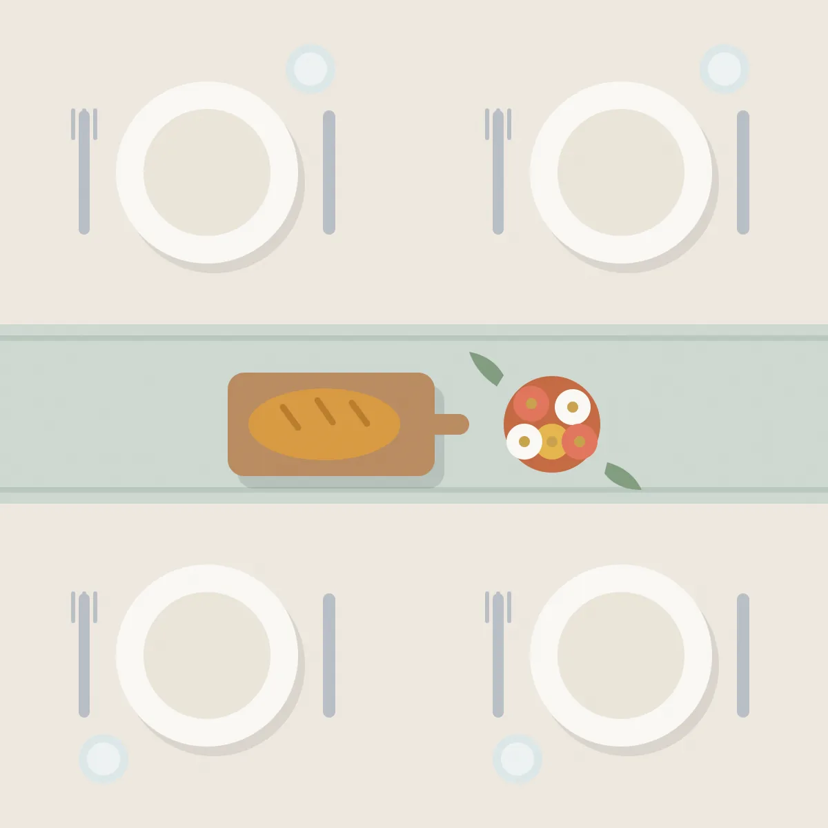 Una mesa larga puesta para comer